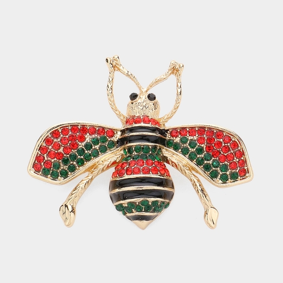 Green Red Gold Stripe Rhinestone Crystal Honey Bee Brooch Pin Fashion Accessory - Picture 1 of 2